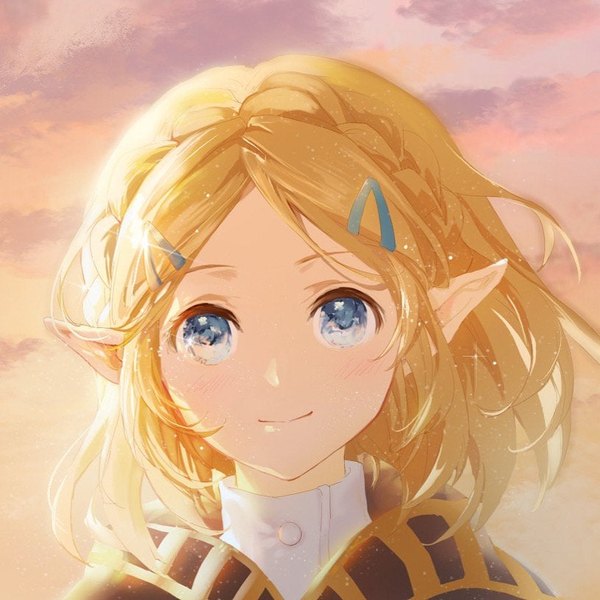 Anime picture 815x815 with the legend of zelda the legend of zelda: breath of the wild nintendo princess zelda shangguan feiying single looking at viewer blush fringe short hair blue eyes blonde hair smile sky upper body braid (braids) wind pointy ears sunlight evening