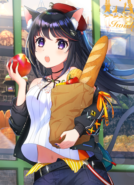 Anime picture 872x1200 with original omelet tomato single long hair tall image looking at viewer blush fringe breasts open mouth black hair hair between eyes standing purple eyes holding animal ears outdoors tail braid (braids) nail polish