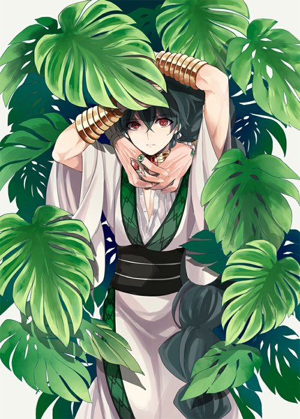 Anime picture 800x1116 with magi the labyrinth of magic a-1 pictures judal nair single tall image fringe black hair red eyes very long hair traditional clothes wide sleeves arms up choking boy bracelet leaf (leaves) ring arabian clothes