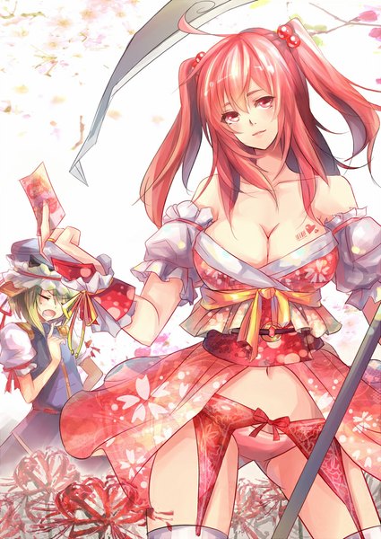 Anime picture 760x1074 with touhou onozuka komachi shikieiki yamaxanadu nakadai chiaki long hair tall image looking at viewer blush short hair breasts open mouth light erotic large breasts standing bare shoulders multiple girls pink hair ahoge eyes closed traditional clothes