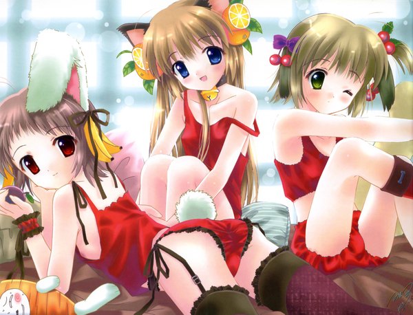 Anime picture 3570x2729 with long hair highres short hair light erotic animal ears cat ears bunny ears bell collar thighhighs bow black thighhighs hair bow bell