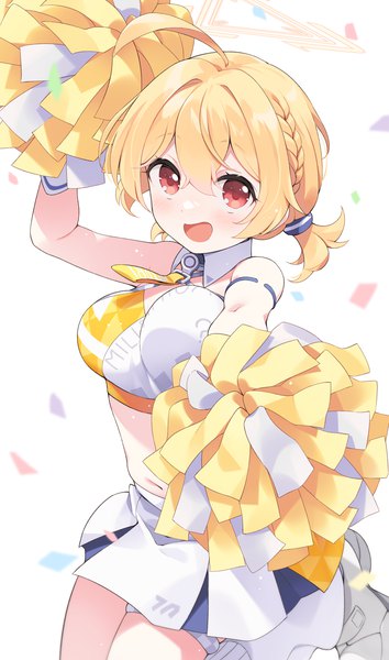 Anime picture 940x1594 with blue archive kotori (blue archive) kotori (cheerleader) (blue archive) kano hito single tall image looking at viewer fringe short hair breasts open mouth light erotic blonde hair hair between eyes red eyes twintails ahoge :d midriff short twintails