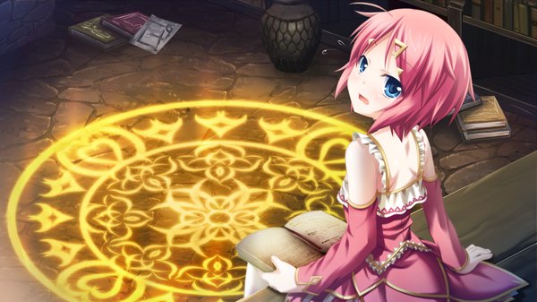 Anime picture 1024x576 with kamidori alchemy meister short hair blue eyes wide image pink hair game cg loli girl