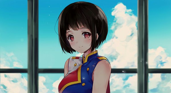 Anime picture 1400x767 with hibike! euphonium kyoto animation nakaseko kaori tr (hareru) single looking at viewer blush short hair black hair smile red eyes wide image bare shoulders sky cloud (clouds) upper body mole mole under eye girl window