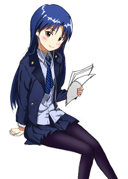 Anime picture 700x980 with idolmaster kisaragi chihaya mohya (artist) single long hair tall image looking at viewer blush fringe simple background smile white background sitting yellow eyes blue hair girl pantyhose headphones paper