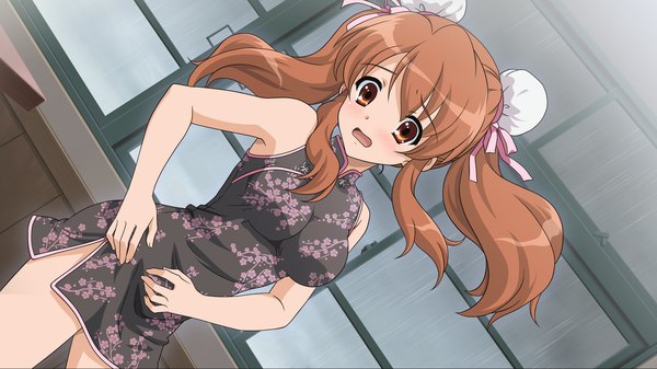 Anime picture 1920x1080 with suzumiya haruhi no yuutsu kyoto animation asahina mikuru long hair blush highres open mouth brown hair wide image twintails bare shoulders brown eyes chinese clothes girl chinese dress