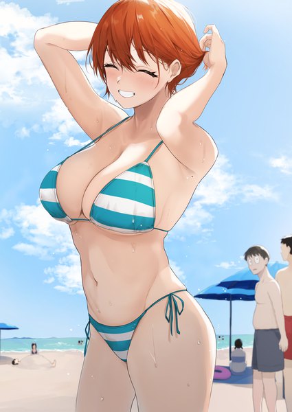 Anime picture 2508x3541 with original nagi (akito) ayubee tall image blush fringe highres short hair breasts light erotic smile hair between eyes standing sky cloud (clouds) outdoors eyes closed orange hair mole arms up