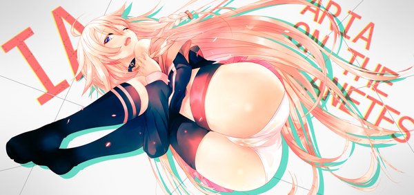 Anime picture 1920x905 with vocaloid ia (vocaloid) clare (543) single long hair blush highres open mouth blue eyes light erotic wide image bare shoulders pink hair ass girl thighhighs underwear panties socks black socks