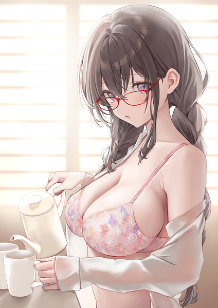 Anime picture 2894x4093 with original huziko32 single long hair tall image looking at viewer fringe highres breasts open mouth light erotic black hair hair between eyes large breasts holding payot cleavage upper body indoors braid (braids)