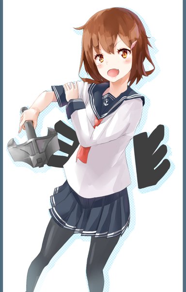 Anime picture 1116x1744 with kantai collection ikazuchi destroyer kurokin single long hair tall image looking at viewer blush open mouth simple background brown hair white background pleated skirt teeth orange eyes fang (fangs) girl skirt hair ornament weapon
