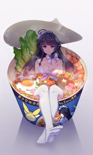 Anime picture 1800x3000 with honkai impact 3rd benghuai xueyuan honkai (series) raiden mei raiden mei (valkyrie bladestrike) qian yi single long hair tall image looking at viewer fringe highres breasts light erotic simple background smile purple eyes bare shoulders payot cleavage