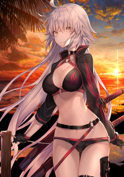 Anime picture 1214x1720 with fate (series) fate/grand order jeanne d'arc (fate) (all) jeanne d'arc alter (fate) jeanne d'arc alter (swimsuit berserker) (fate) hakuishi aoi single long hair tall image looking at viewer fringe breasts light erotic smile hair between eyes large breasts standing yellow eyes sky cleavage
