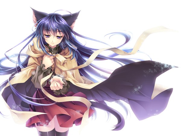 Anime picture 1600x1200 with single long hair simple background white background purple eyes animal ears purple hair ahoge cat ears cat girl cat tail looking down girl thighhighs cloak