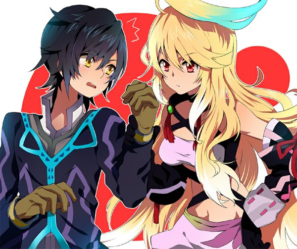 Anime picture 800x671 with tales of (series) tales of xillia milla maxwell jude mathis akishima kei long hair short hair black hair blonde hair red eyes bare shoulders yellow eyes looking away ahoge parted lips couple girl boy gloves detached sleeves