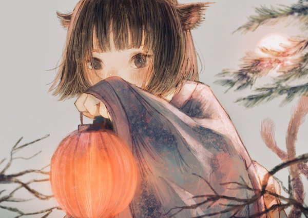 Anime picture 2113x1500 with original orie h single looking at viewer blush fringe highres short hair black hair simple background holding animal ears upper body tail blunt bangs traditional clothes japanese clothes animal tail black eyes cat ears