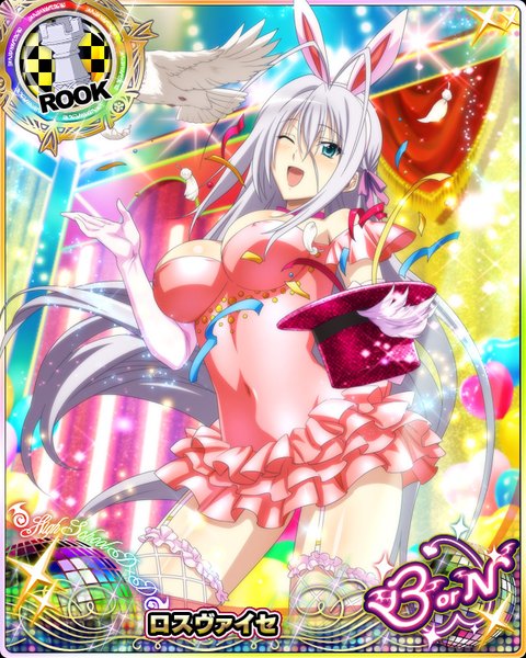 Anime picture 640x800 with highschool dxd rossweisse single tall image looking at viewer blush breasts open mouth blue eyes light erotic animal ears silver hair very long hair one eye closed wink bunny ears card (medium) girl thighhighs dress