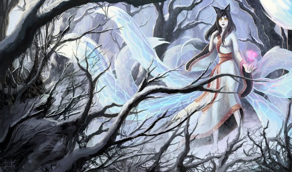 Anime picture 1823x1076 with league of legends ahri (league of legends) cubehero single long hair looking at viewer highres wide image animal ears yellow eyes tail magic facial mark fox tail winter snow multiple tails whisker markings girl plant (plants)