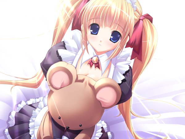 Anime picture 1600x1200 with pink chuchu (artbook) mikeou single looking at viewer blush blue eyes blonde hair sitting twintails very long hair sunlight maid sunbeam girl ribbon (ribbons) bow hair bow hair ribbon headdress maid headdress