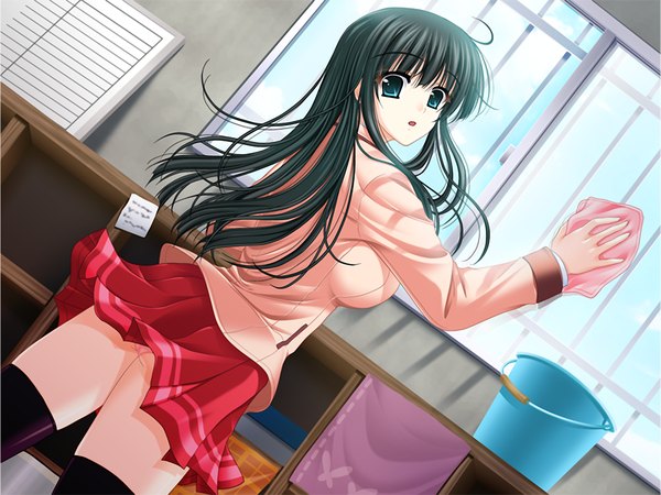 Anime picture 1200x900 with curefull! seto miyako (curefull!) single long hair looking at viewer blue eyes light erotic black hair game cg looking back skirt flip cleaning girl skirt uniform school uniform miniskirt serafuku