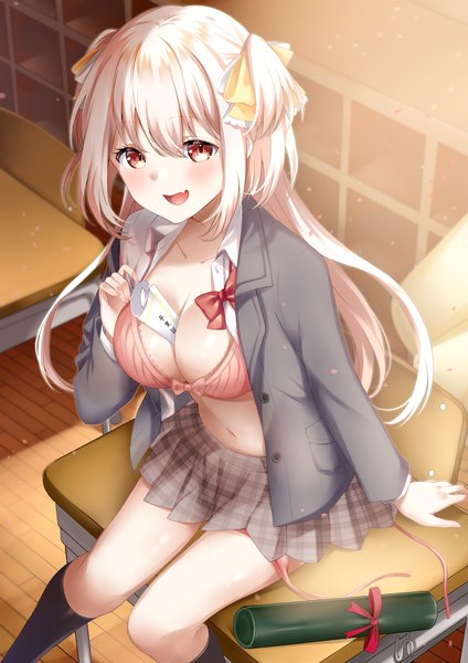 Anime-Bild 2893x4092 mit original mashiro aa single long hair tall image looking at viewer blush fringe highres breasts open mouth light erotic smile hair between eyes large breasts sitting cleavage bent knee (knees) white hair indoors