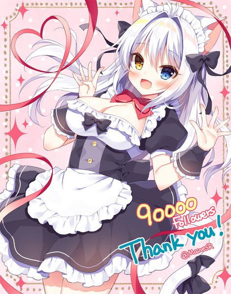 Anime picture 800x1017 with original aina rive mauve single long hair tall image blush breasts open mouth light erotic large breasts signed animal ears cleavage silver hair tail :d animal tail cat ears maid