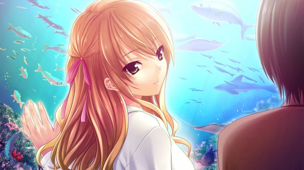 Anime picture 1280x720 with morobito kozorite (game) long hair wide image green eyes game cg orange hair girl