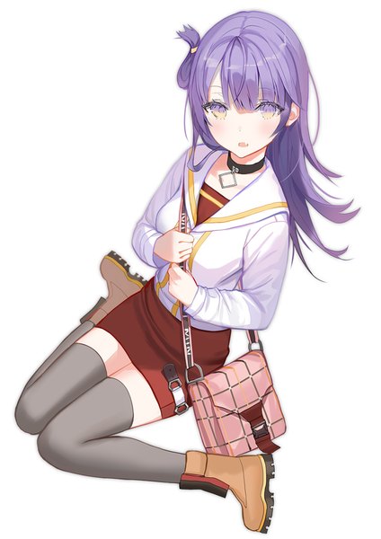 Anime picture 827x1169 with original lloule single long hair tall image looking at viewer blush fringe open mouth simple background hair between eyes white background sitting purple eyes purple hair full body long sleeves from above fang (fangs) zettai ryouiki