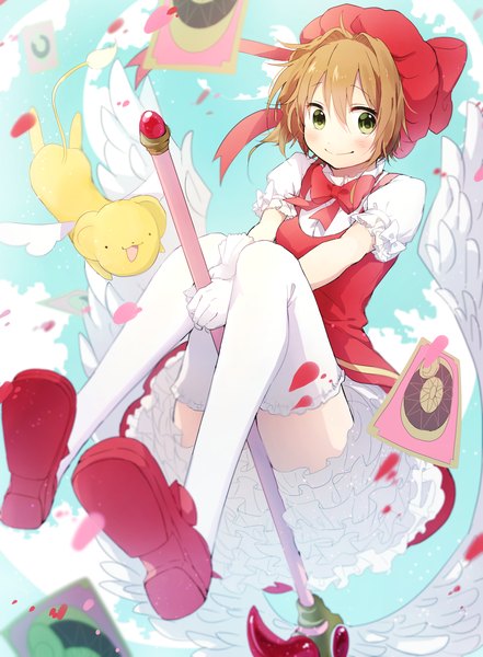 Anime picture 1440x1957 with card captor sakura clamp kinomoto sakura kero (cardcaptor sakura) pecchii single tall image blush short hair smile brown hair green eyes looking away sky cloud (clouds) flying frilly skirt white wings girl thighhighs