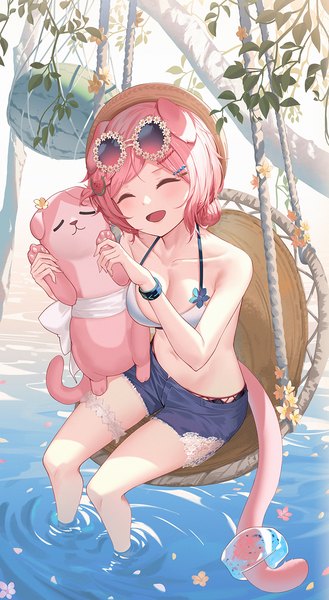 Anime picture 800x1457 with arknights goldenglow (arknights) goldenglow (summer flowers) (arknights) nian (zhanian) single tall image short hair breasts open mouth light erotic smile sitting animal ears pink hair tail eyes closed animal tail cat ears arms up cat girl