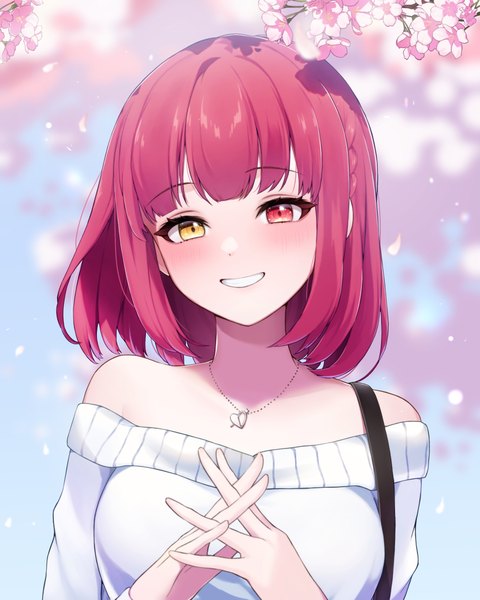 Anime picture 2000x2500 with virtual youtuber hololive houshou marine punipunimeron1 single tall image looking at viewer blush fringe highres short hair breasts smile red eyes bare shoulders yellow eyes upper body red hair blunt bangs blurry