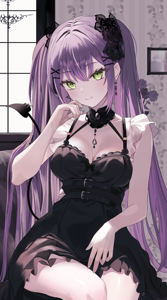 Anime picture 1024x1840 with virtual youtuber hololive tokoyami towa aria (ariacue) single long hair tall image looking at viewer fringe breasts light erotic smile hair between eyes sitting twintails bare shoulders green eyes purple hair indoors tail