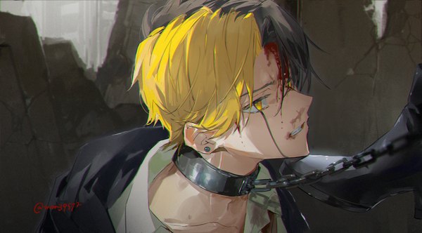 Anime-Bild 2076x1147 mit mashle a-1 pictures rayne ames mm39572 single highres short hair black hair blonde hair wide image signed yellow eyes looking away upper body multicolored hair two-tone hair twitter username clenched teeth blood on face boy