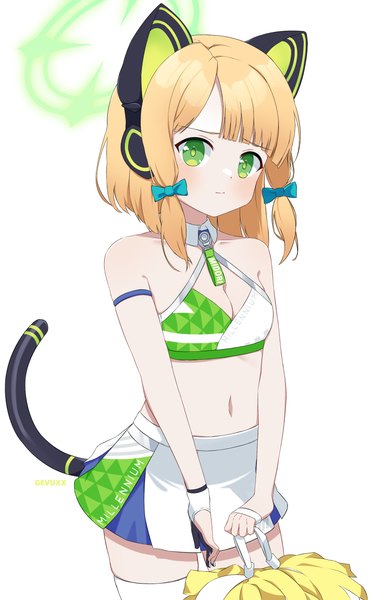 Anime picture 2538x4093 with blue archive midori (blue archive) gevuxx single tall image highres short hair breasts light erotic simple background blonde hair standing white background green eyes animal ears midriff sleeveless fake animal ears tress ribbon cheerleader
