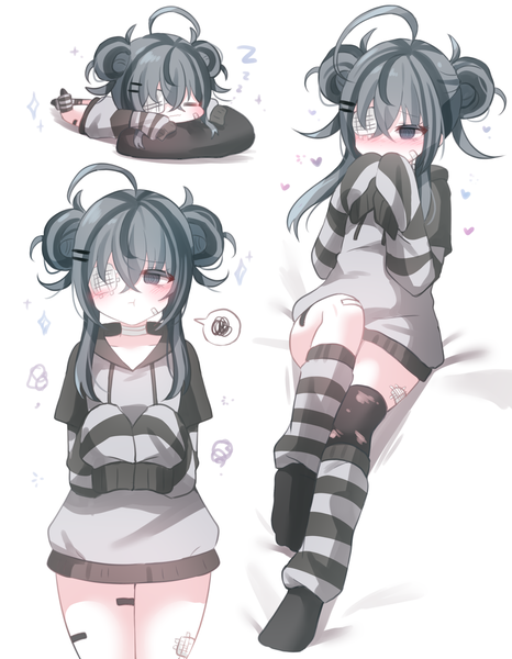 Anime-Bild 1940x2500 mit original honyang long hair tall image looking at viewer blush highres simple background standing white background full body ahoge bent knee (knees) lying eyes closed long sleeves multicolored hair grey hair arms up two-tone hair