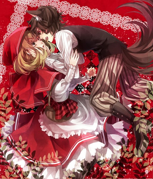 Anime picture 771x900 with little red riding hood original little red riding hood (character) big bad wolf yuzuki karu tall image short hair black hair blonde hair red eyes animal ears tail animal tail light smile eye contact wolf ears surprised wolf tail wolf boy girl