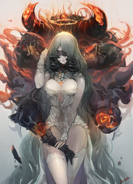 Anime picture 1366x1890 with original bamuth tall image fringe breasts light erotic simple background large breasts standing holding signed very long hair parted lips arm up horn (horns) green hair grey hair hug crossed legs torn clothes