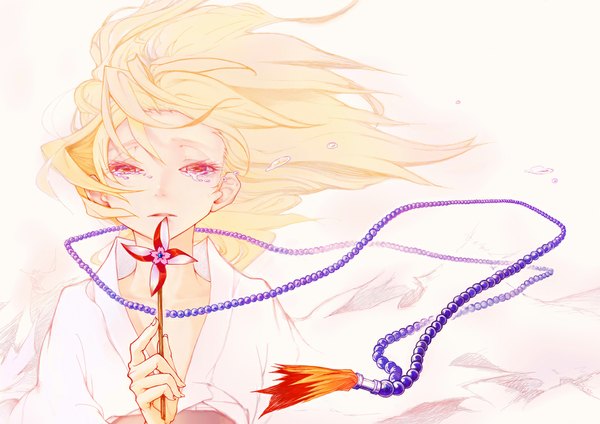 Anime picture 1151x814 with shaman king xebec kyouyama anna hana (pixiv2033378) single long hair looking at viewer blonde hair red eyes white background holding traditional clothes japanese clothes wind tears girl kimono beads prayer beads