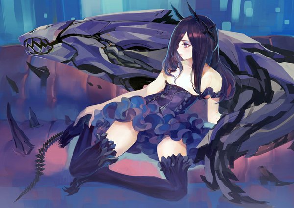 Anime picture 1024x724 with pump single long hair breasts light erotic sitting purple eyes bare shoulders looking away purple hair profile horn (horns) eyeshadow hair over breasts girl dress monster
