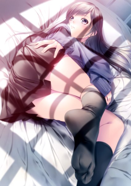 Anime picture 850x1200 with original rezi single long hair tall image looking at viewer blue eyes light erotic black hair legs girl skirt socks black socks