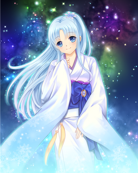 Anime picture 1036x1300 with original kalentine (lostangelvn) single long hair tall image blue eyes smile blue hair ponytail traditional clothes japanese clothes night night sky girl belt star (stars) yukata