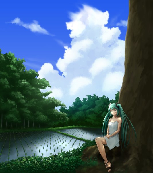 Anime picture 1600x1800 with vocaloid hatsune miku din (raiden) single long hair tall image looking at viewer sitting twintails bare shoulders sky cloud (clouds) aqua eyes aqua hair girl dress plant (plants) tree (trees) sundress