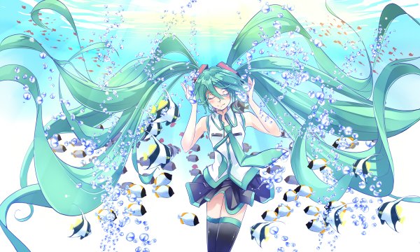 Anime picture 1200x720 with vocaloid hatsune miku renka (renkas) single blush wide image twintails eyes closed very long hair aqua hair underwater girl thighhighs skirt black thighhighs miniskirt shirt necktie jacket bubble (bubbles)