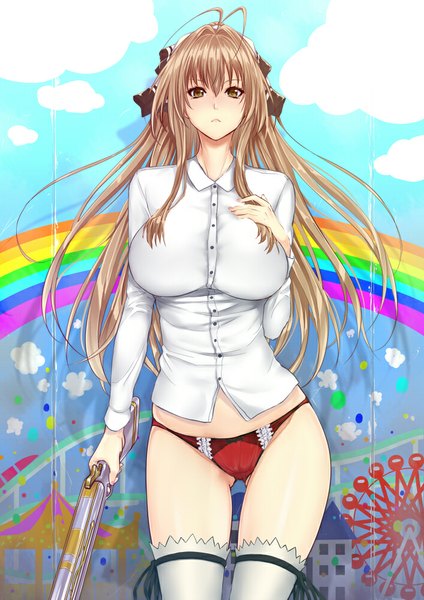 Anime picture 706x1000 with amagi brilliant park kyoto animation sento isuzu zucchini single long hair tall image looking at viewer blush breasts light erotic brown hair large breasts brown eyes girl thighhighs underwear panties weapon shirt