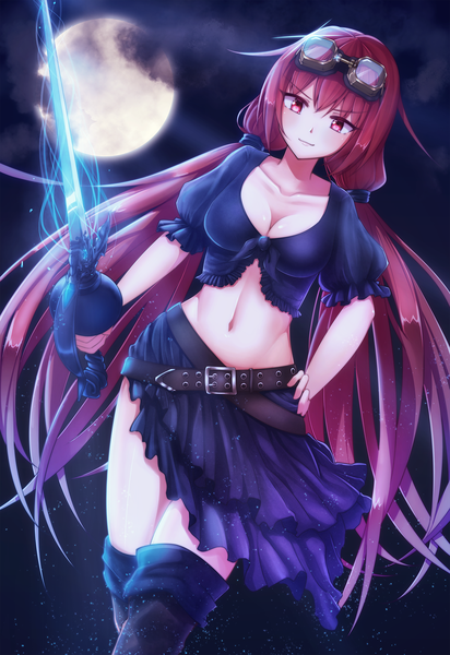 Anime picture 1375x2000 with original fal single long hair tall image breasts light erotic red eyes red hair night dark background girl navel weapon sword moon