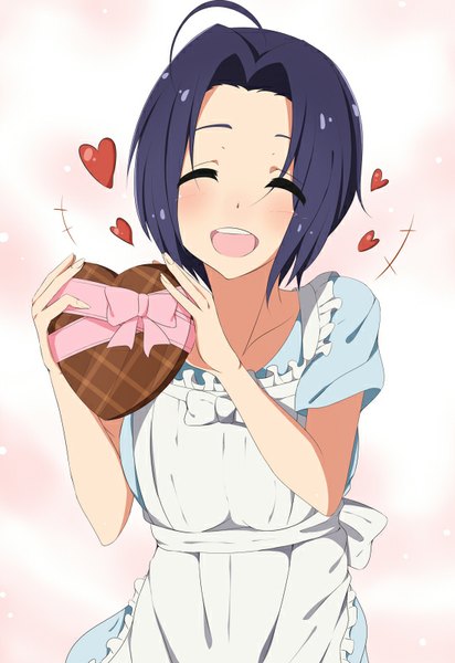 Anime picture 550x800 with idolmaster idolmaster (classic) miura azusa hitotsuki nanoka single tall image blush short hair open mouth simple background blue hair ahoge eyes closed pink background valentine girl food heart sweets apron