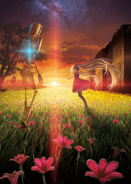 Anime picture 856x1200 with vocaloid voice (vocaloid) hatsune miku yonasawa (artist) tall image blonde hair twintails sky cloud (clouds) very long hair short sleeves puffy sleeves lens flare outstretched arm evening sunset spread arms field girl dress
