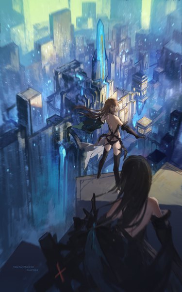 Anime picture 1181x1890 with original pixiv fantasia pixiv fantasia revenge of the darkness paradise (character) swd3e2 long hair tall image light erotic black hair standing multiple girls outdoors ass looking back from above light smile wind from behind sparkle city