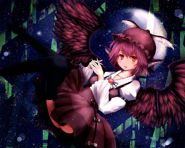 Anime picture 1000x804 with touhou mystia lorelei fay (pixiv146922) single blush short hair open mouth red eyes purple hair pointy ears girl thighhighs dress black thighhighs wings bonnet