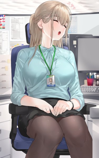Anime picture 771x1230 with original kfr single long hair tall image blush fringe breasts open mouth blonde hair hair between eyes sitting payot indoors eyes closed long sleeves half updo sleeping office lady girl