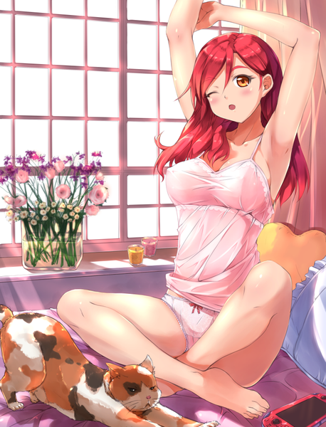 Anime picture 763x1000 with original follen (639594) single long hair tall image blush open mouth light erotic red hair one eye closed wink orange eyes girl underwear panties flower (flowers) animal cat